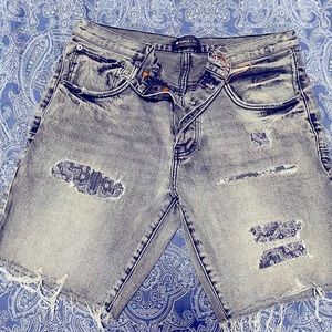 PURPLE-BRAND SHORTS - BLACK MONOGRAM BANDANA PRINT REPAIR